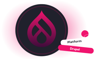 A stylised representation of the Drupal logo, featuring a pink and purple droplet icon within a dark circular background