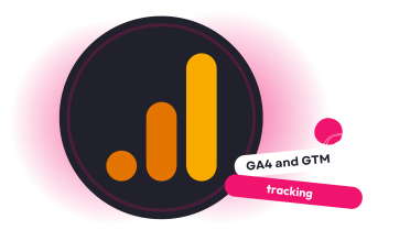 A graphic featuring the Google Analytics logo with three orange bars on a dark circular background