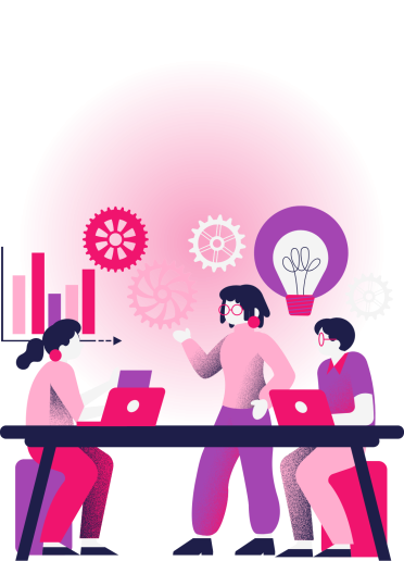 Collaborative Innovation Illustration An illustration of three people collaborating at a table with laptops, gears, and a lightbulb in the background